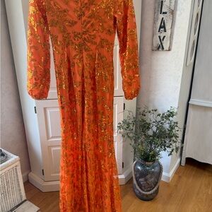 Orange and Gold Sequin Maxi Dress formal wedding prom size 6